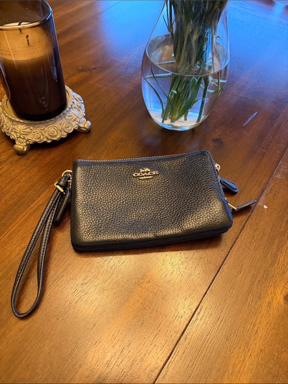 Coach Black Pebbled Leather Zip Wristlet with Gold Logo